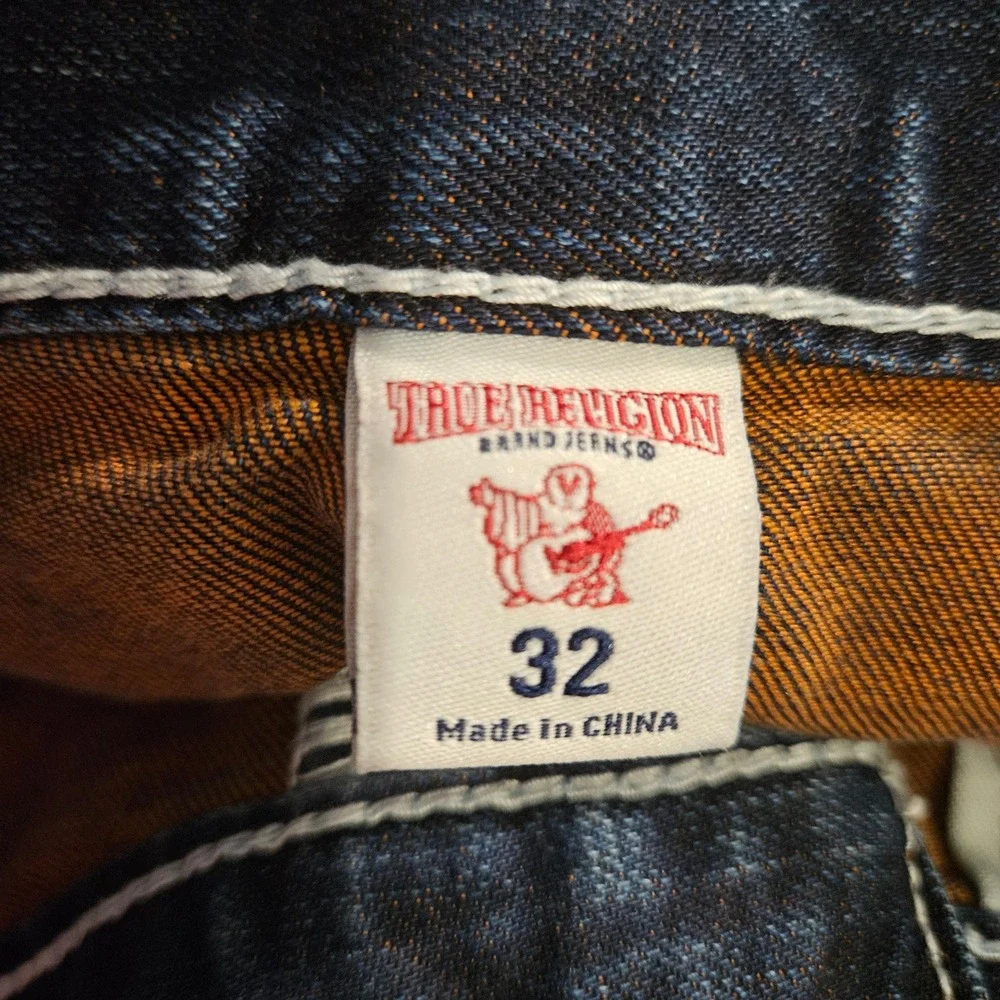 True Religion Jeans Mens 32 Blue Straight Flap Orange Stitch Distressed Ripped